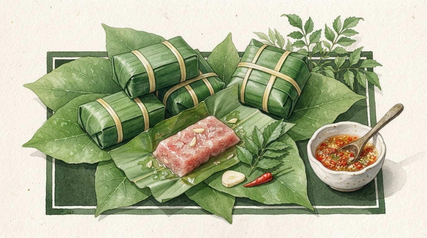 Các khối nem chua bọc lá chuối, một miếng mở lớp và bát tương ớt trên lá sung.