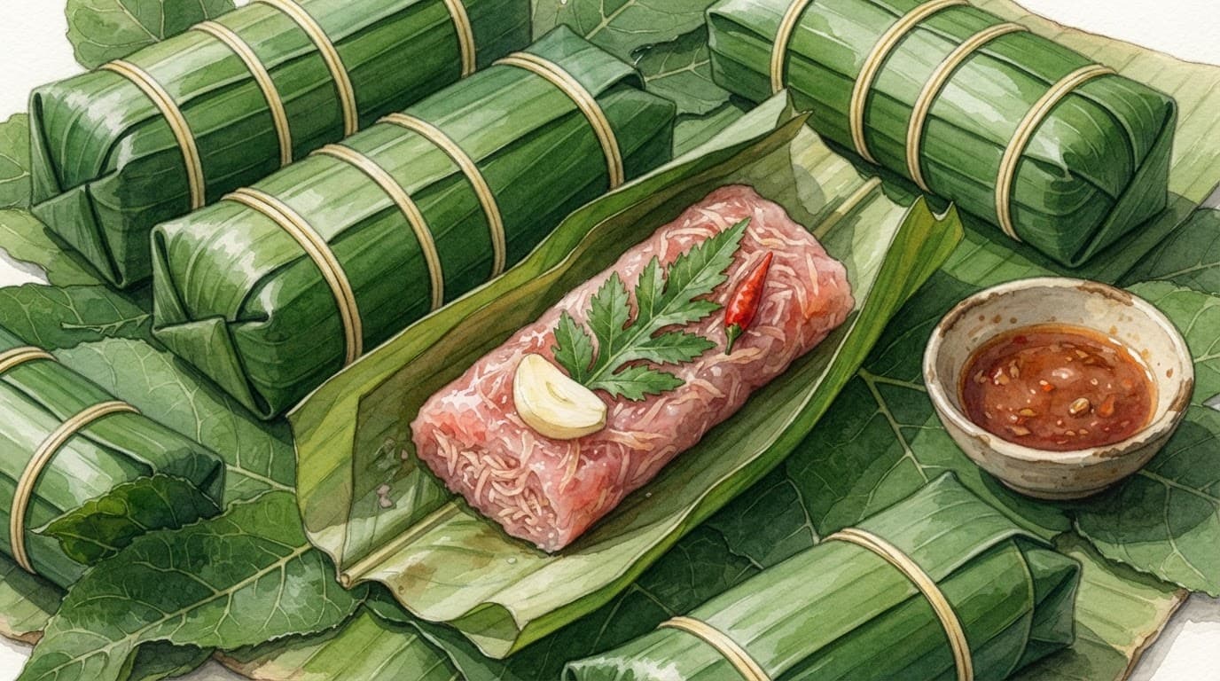 Nem chua Thanh Hóa gói lá chuối xanh được bày biện đẹp mắt cùng tỏi ớt tươi.