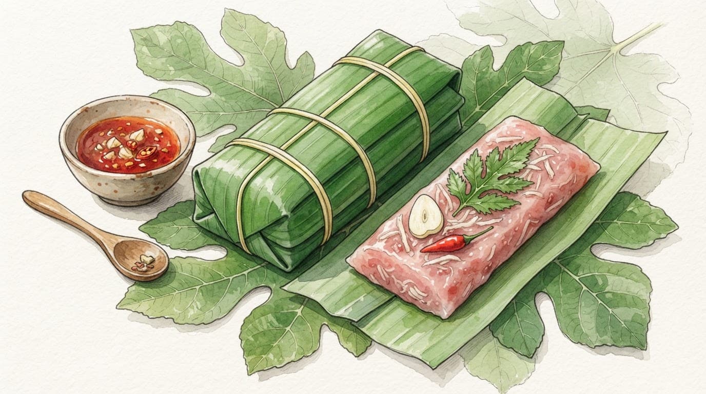 Gói nem chua bọc lá chuối, kèm lá sung, bát tương ớt và phần nhân hồng lộ ra.