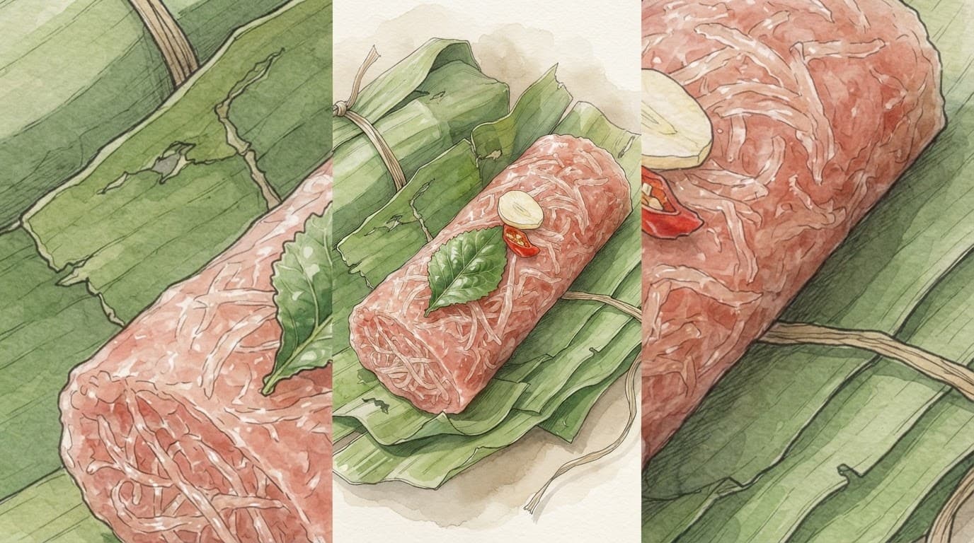 Nem chua bóc dở với bì heo, lá đinh lăng, tỏi và ớt trên lá chuối xanh.