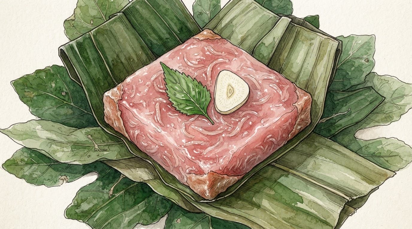Khối nem chua hồng trong trên lá sung, kèm lá xanh khía và lát tỏi trắng.
