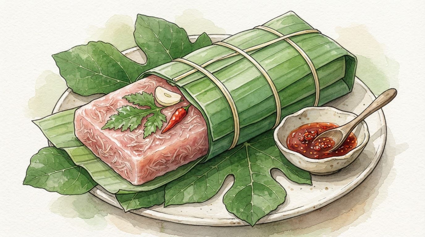 Khối nem chua gói lá chuối mở một góc để lộ phần thịt hồng và tỏi ớt.