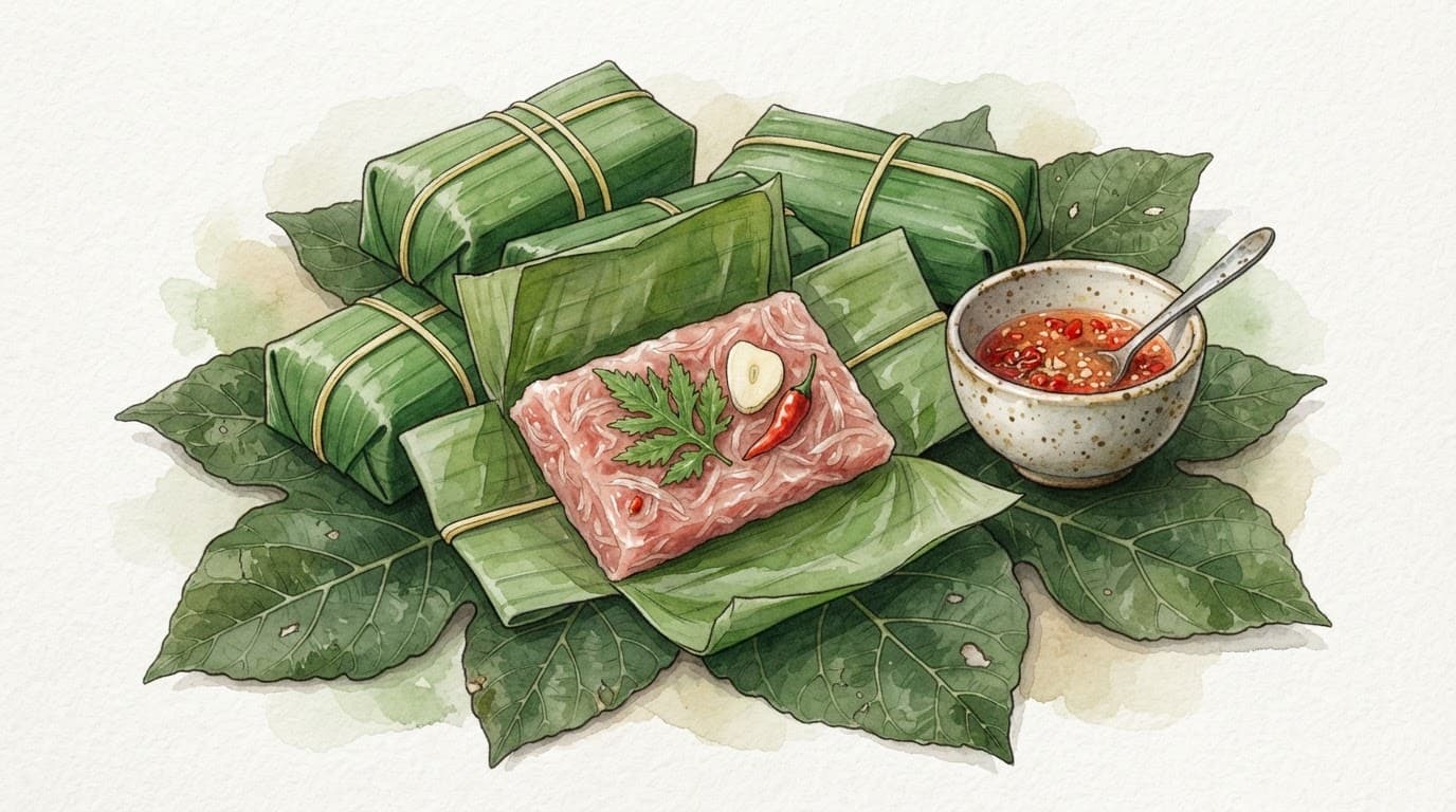 Gói nem chua bọc lá chuối, mở một phần với thịt hồng, tỏi, ớt và bát nước chấm.