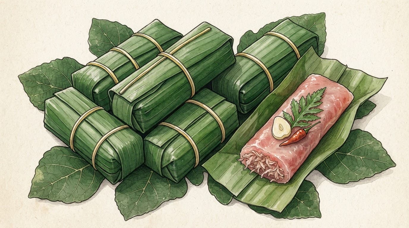 Các gói nem chua bọc lá chuối, một gói mở lộ thịt hồng cùng tỏi, ớt và lá đinh lăng.
