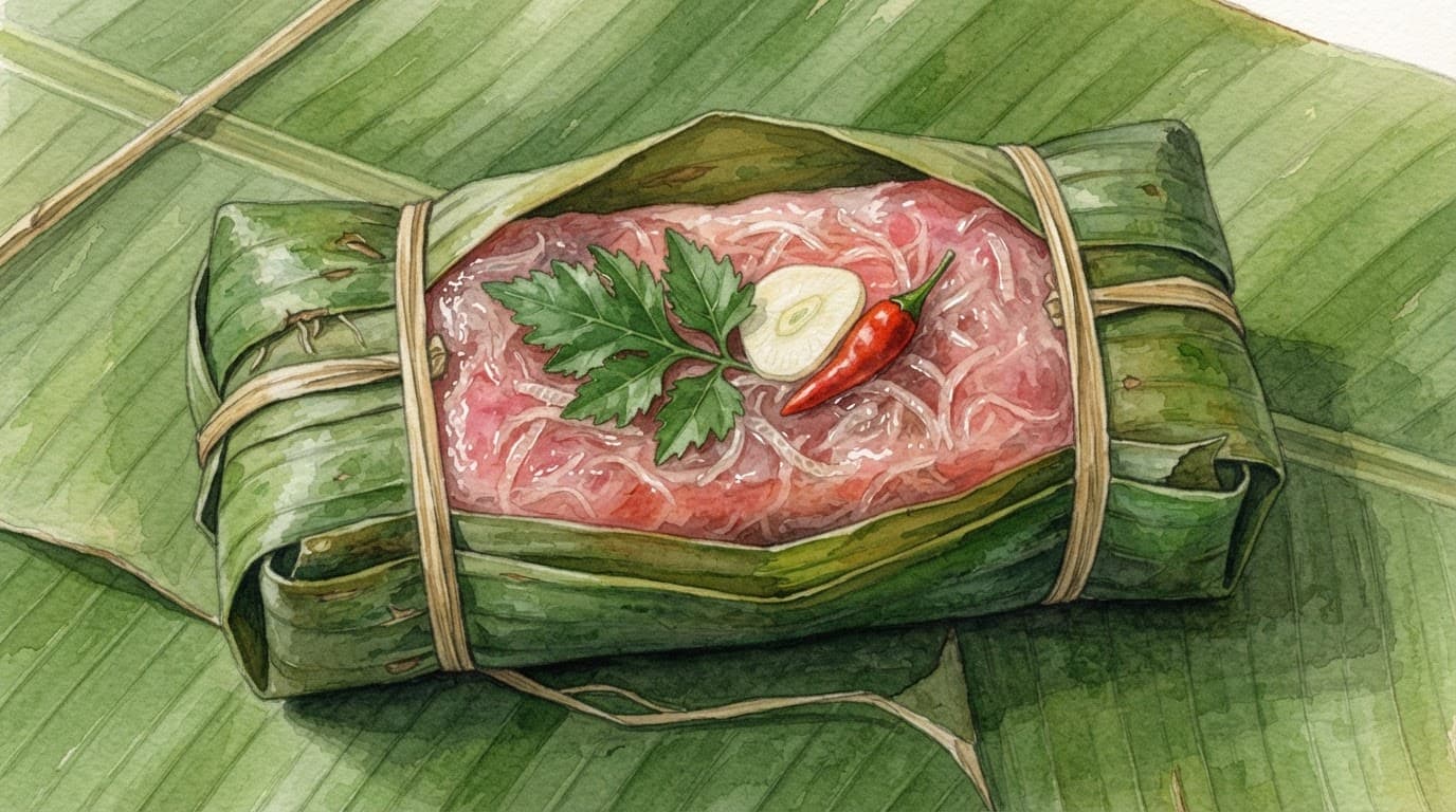 Gói nem chua hé mở với thịt hồng, sợi da heo, lá đinh lăng, tỏi và ớt trên lá chuối.