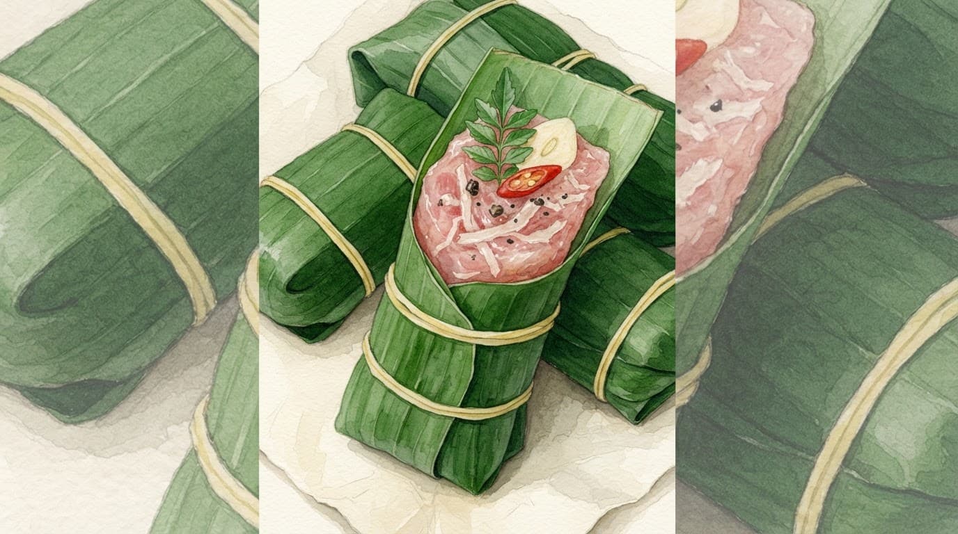 Gói nem chua bọc lá chuối, hé lộ phần nem hồng cùng bì heo, tỏi, ớt và lá đinh lăng.