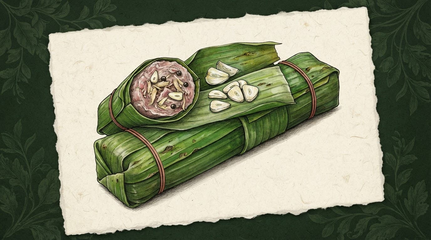 Nem chua Thanh Hóa gói lá chuối, buộc dây thun và kèm lát tỏi.