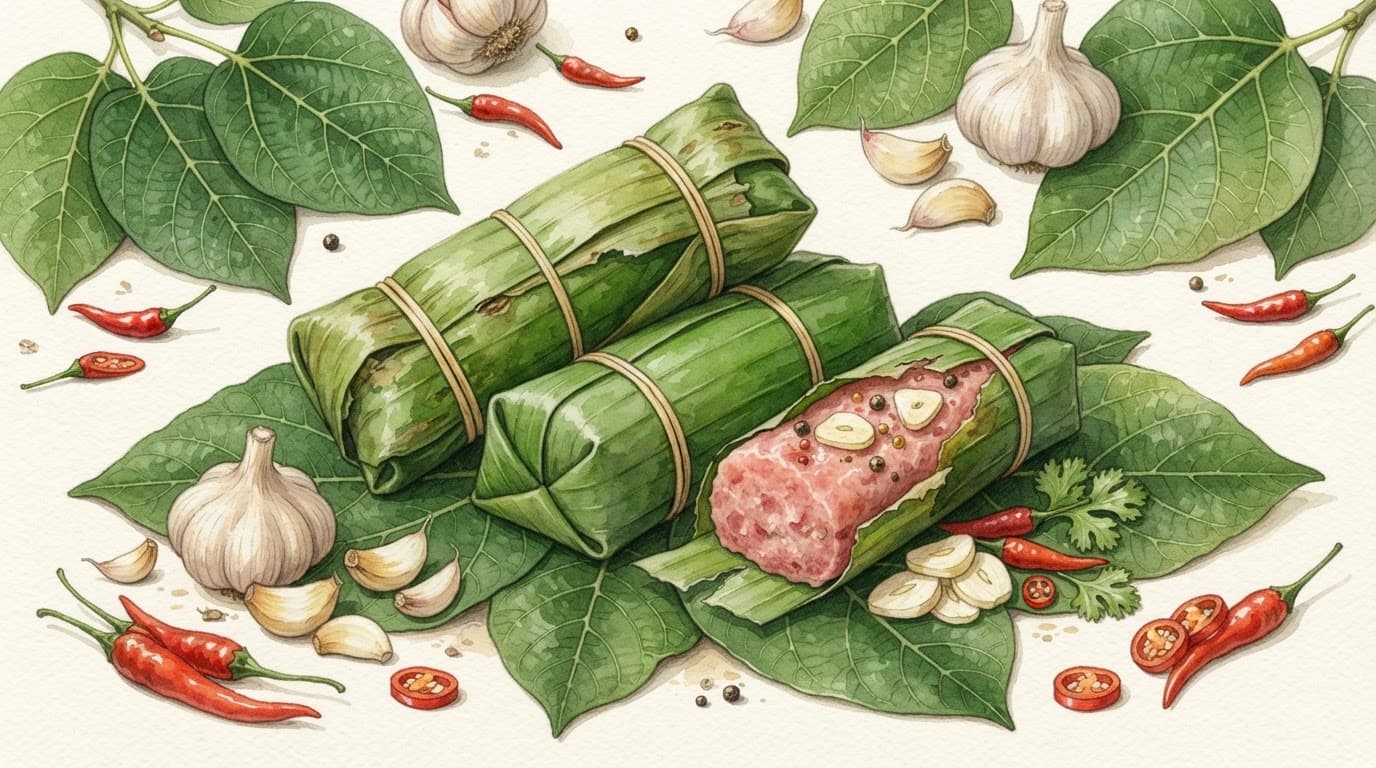 Nem chua bọc lá chuối xanh, đặt cạnh lá sung, tỏi và ớt.