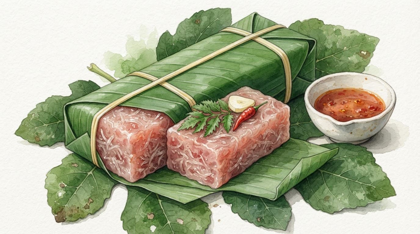 Nem chua Thanh Hóa bọc lá chuối, mở một phần với tỏi, ớt và chén tương cay.