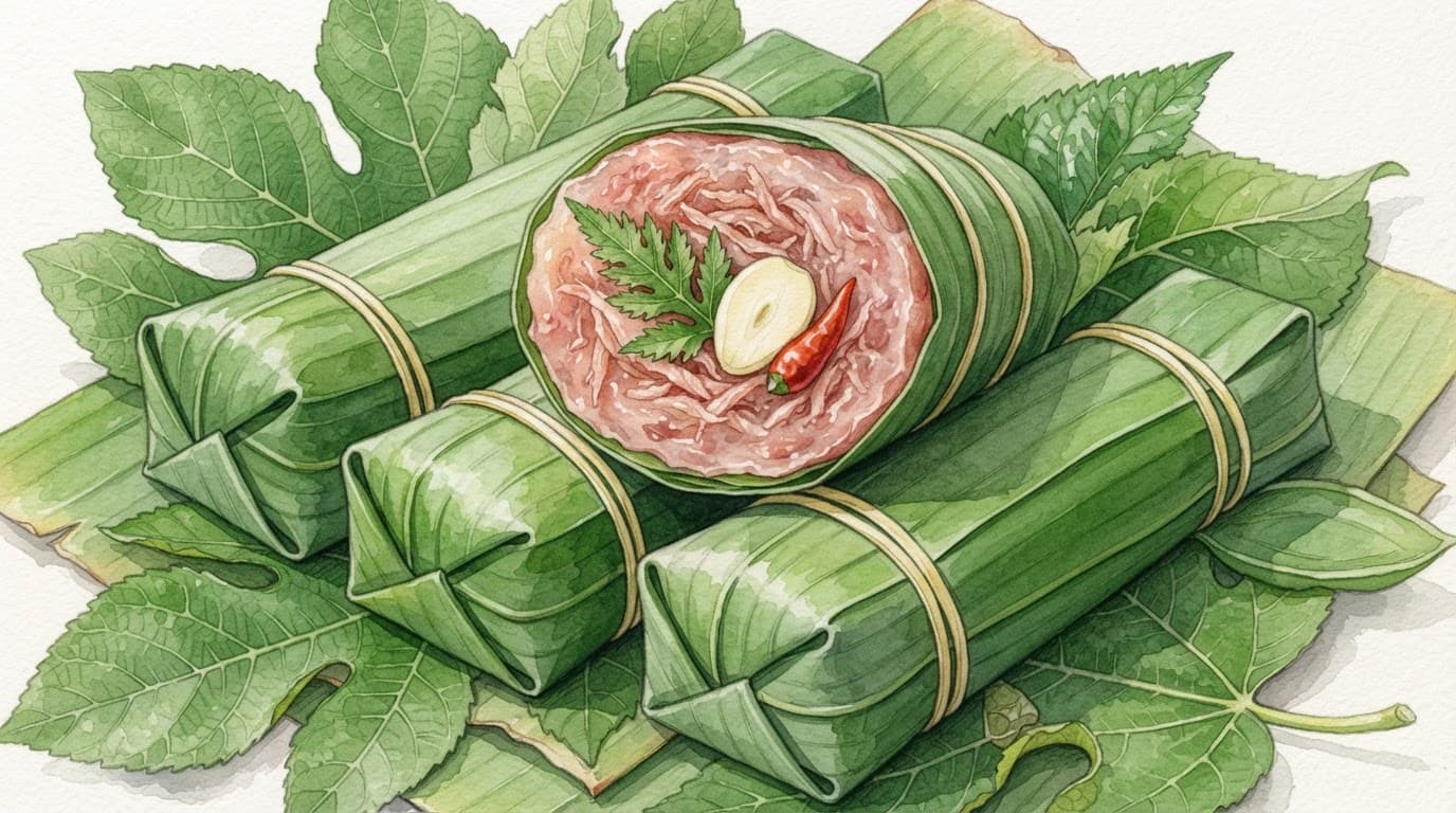 Nem chua Thanh Hóa bọc lá chuối, kèm tỏi, ớt và lá đinh lăng.