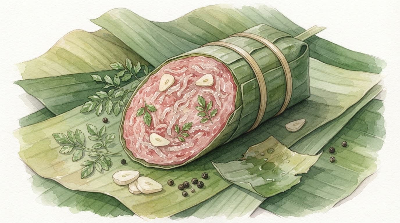 Lát nem chua hồng với sợi bì, tỏi và lá đinh lăng trên lớp gói.
