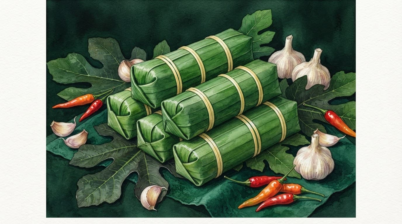 Đòn nem chua bọc lá chuối xanh và thun vàng đặt cạnh tỏi ớt trên nền tối.
