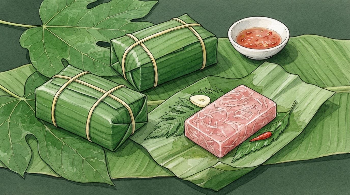 Ba gói nem chua trên lá chuối, một gói hé mở với tỏi và ớt.