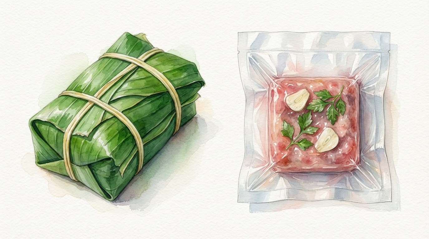 Nem chua gói lá chuối đặt cạnh túi hút chân không trong suốt.