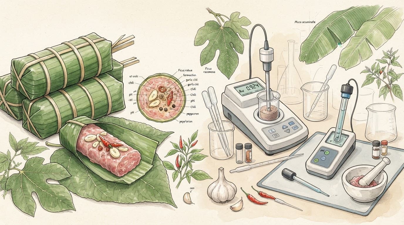 Nem chua Thanh Hóa trên lá sung, lá chuối và cạnh dụng cụ đo.