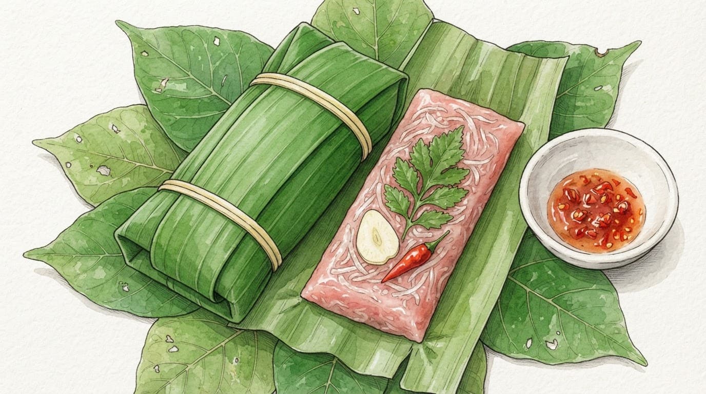 Khối nem chua bọc lá chuối, kèm tỏi, ớt và chén tương ớt.