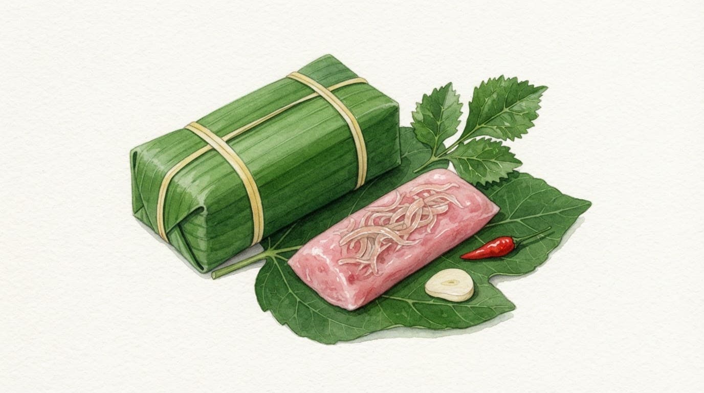 Nem chua bọc lá chuối cùng lát tỏi, ớt đỏ và lá đinh lăng.
