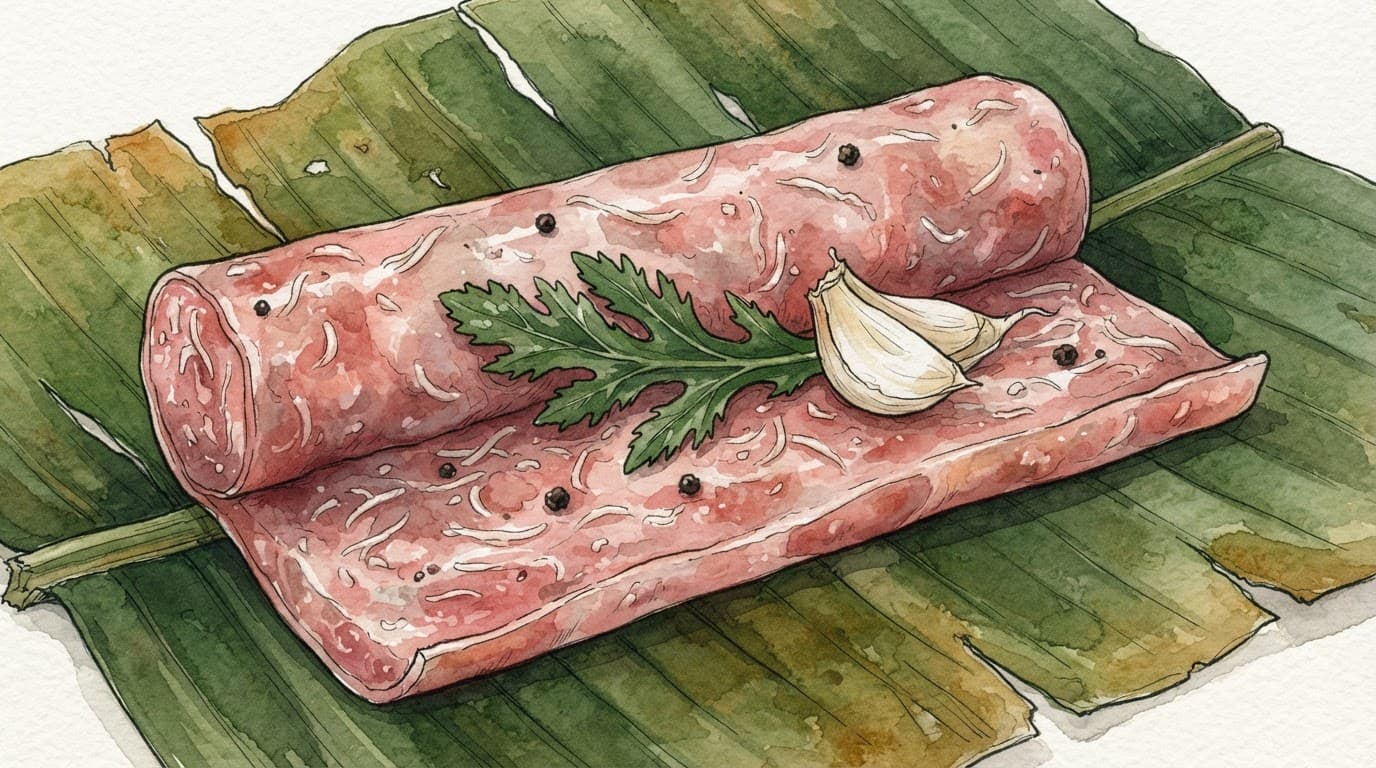 Cận cảnh nem chua Thanh Hóa hồng nhạt trên lá chuối với tỏi và lá đinh lăng.