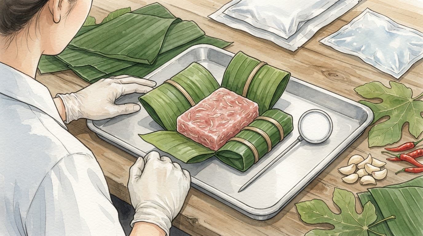 Tay đeo găng kiểm tra gói nem chua trên khay cạnh nhiệt kế.