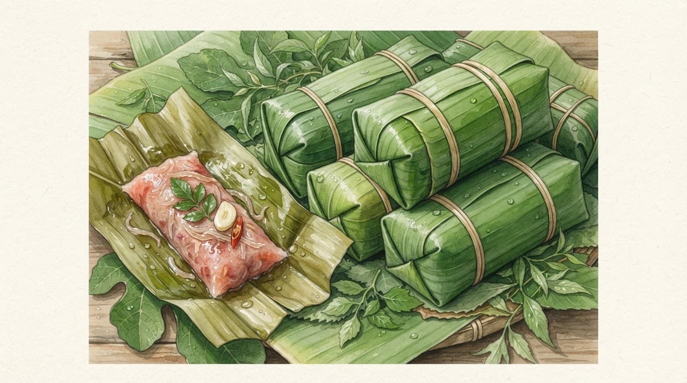 Gói nem chua Thanh Hóa mở hé, lộ thịt hồng, bì heo, lá đinh lăng, tỏi và ớt đỏ trên lá chuối.