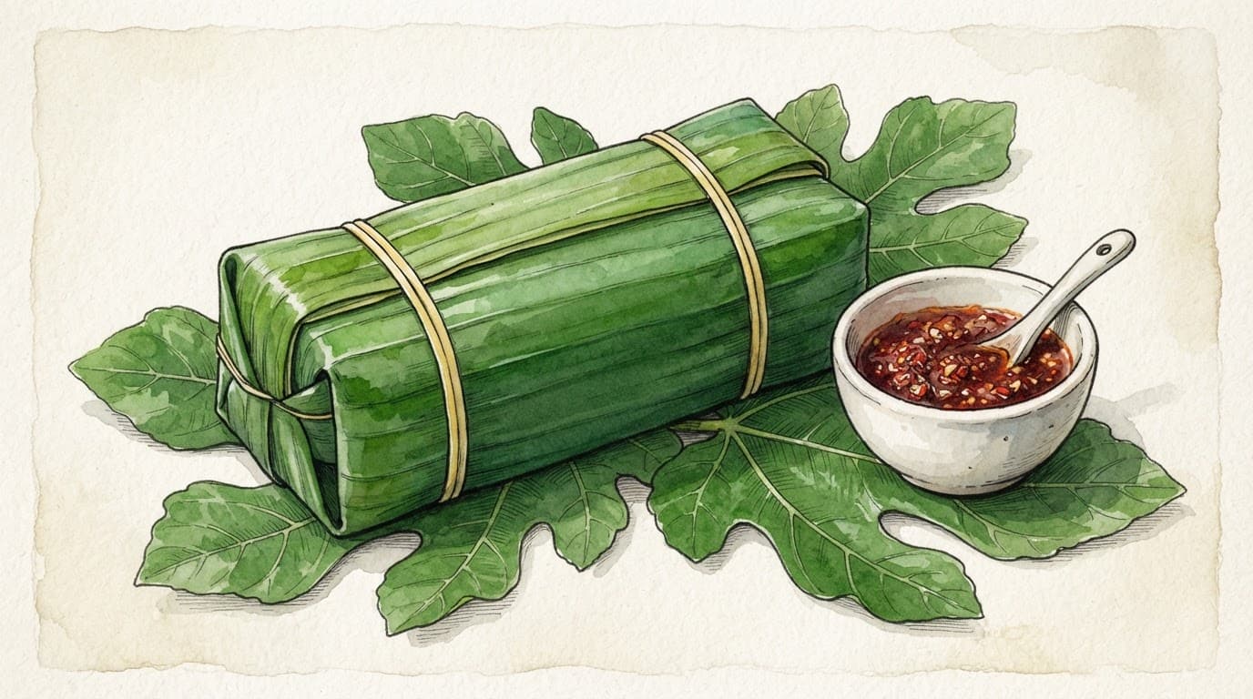 Các gói nem bọc lá xanh, buộc dây thun, đặt cạnh bát nước chấm.