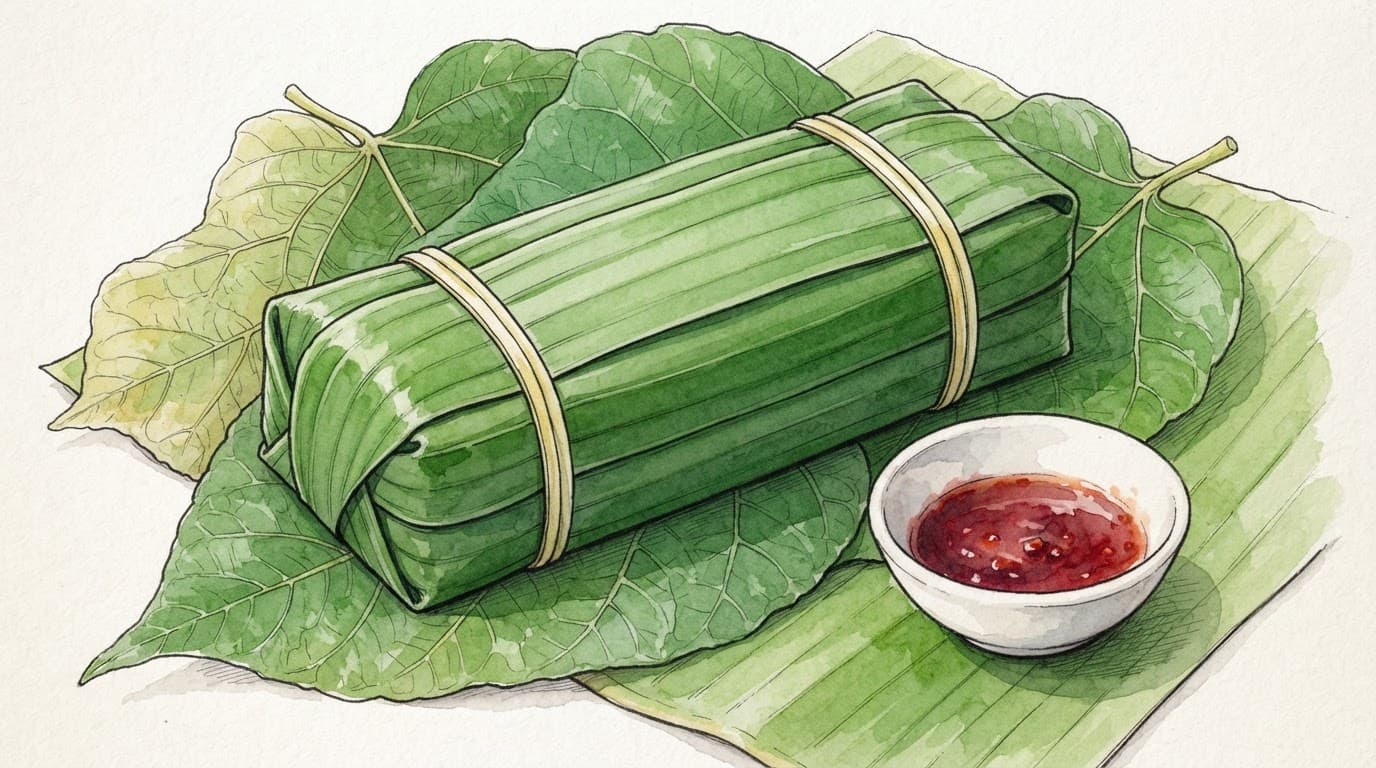 Khối nem chua bọc lá chuối đặt cạnh chén tương ớt.