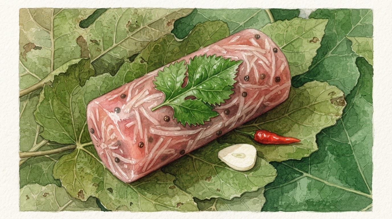 Nem chua hồng với lá đinh lăng, tỏi và ớt trên lá sung xanh.