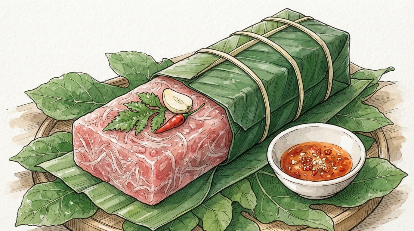 Nem bọc lá chuối, hé lộ phần thịt hồng cùng tỏi, ớt và lá đinh lăng.