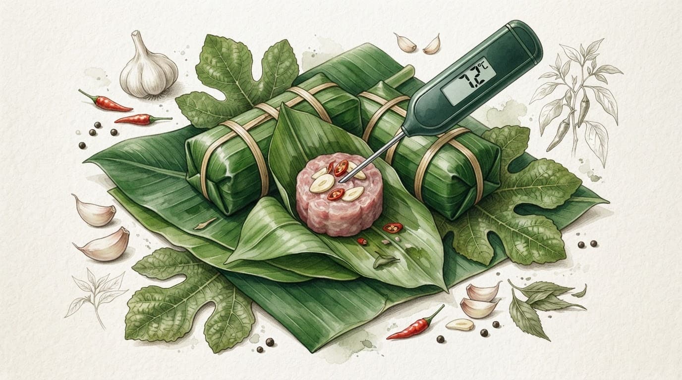 Nem chua Thanh Hóa trên lá xanh với đầu dò tiếp xúc đo tại tâm nem.