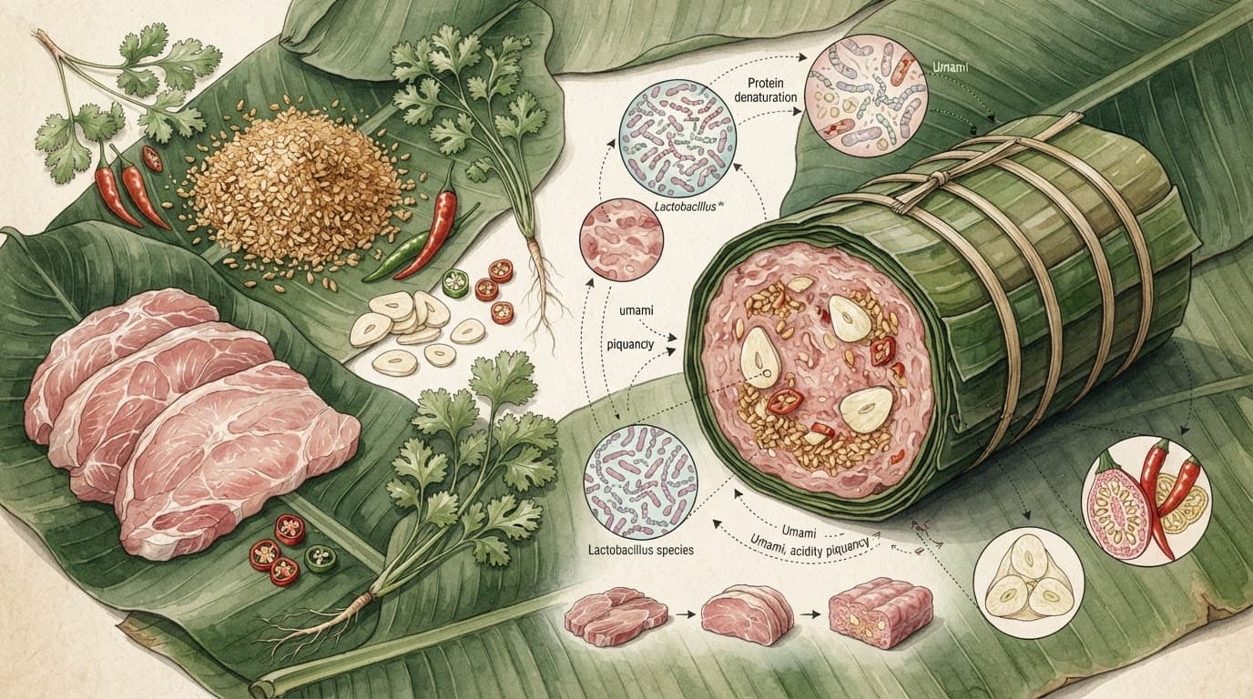 Thịt heo, thính, tỏi và ớt đặt trên lá chuối.