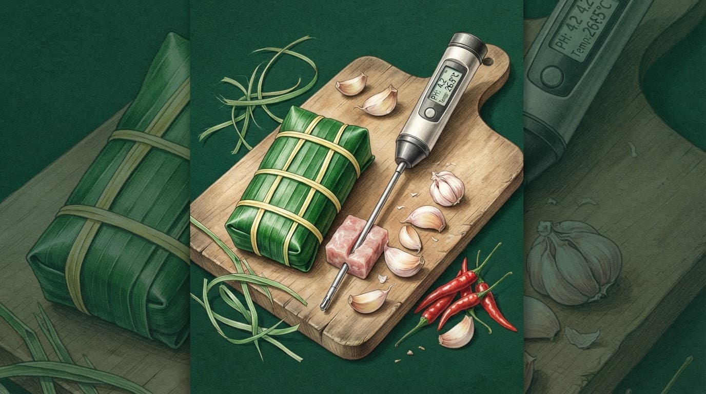 Khối nem chua gói lá chuối cạnh thiết bị đo và gia vị trên thớt gỗ.