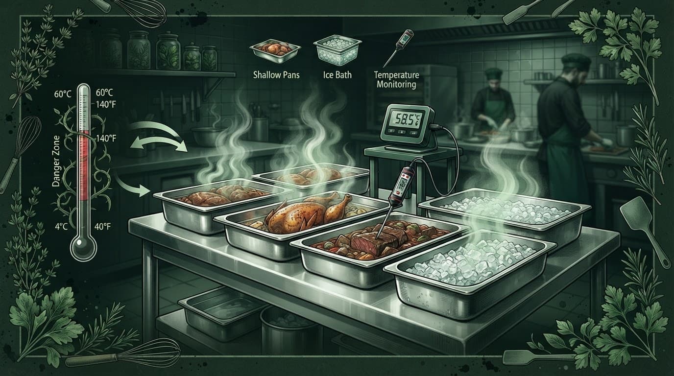 Khay inox đựng thịt nấu chín với đầu dò nhiệt kế trong bếp công nghiệp.
