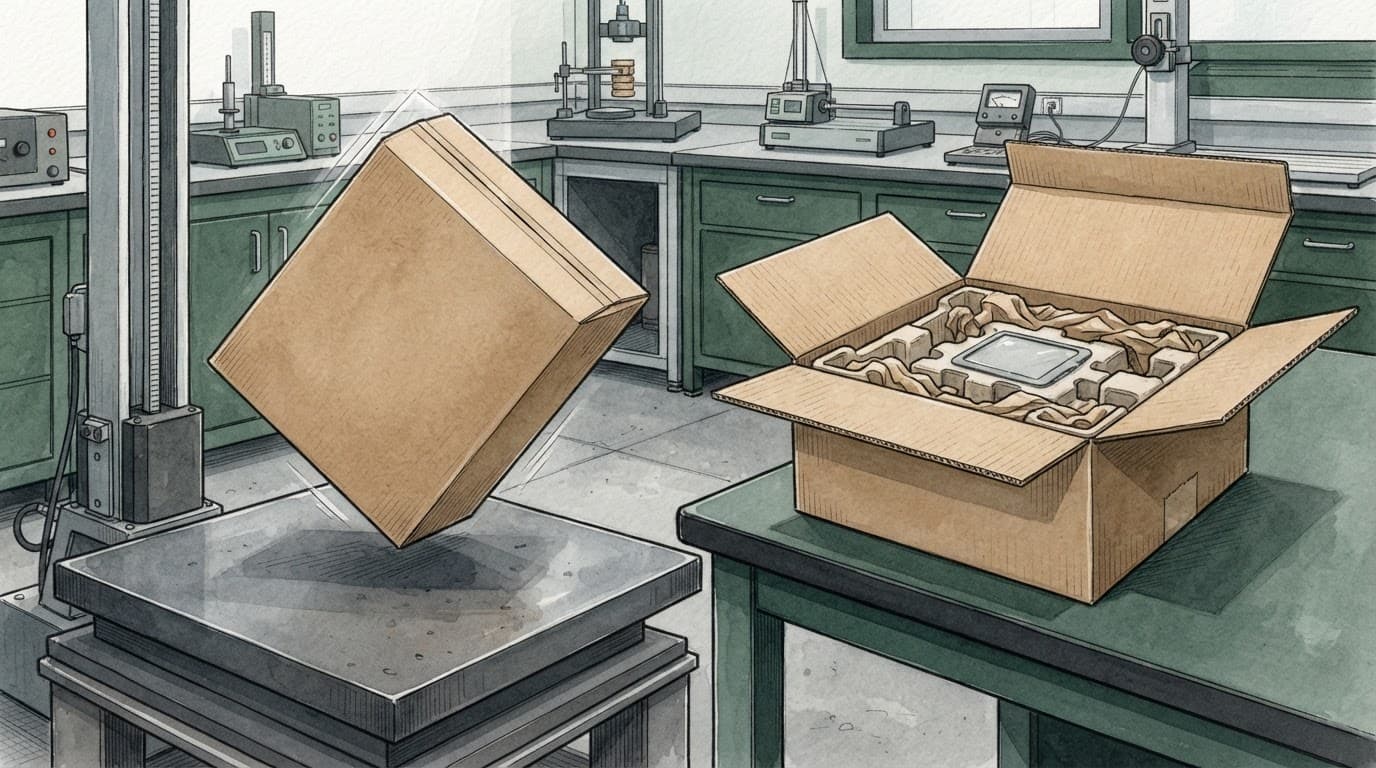 Thùng carton rơi xuống bệ thép cạnh thùng mở có lớp đệm bảo vệ.