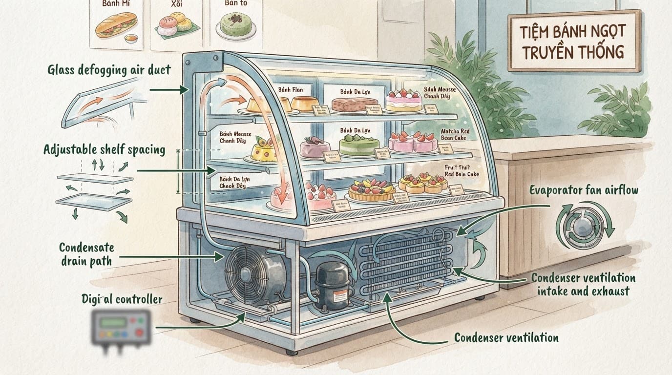 Tủ kính cong có khay bánh, quạt gió, đường thoát nước và dàn ngưng sạch.