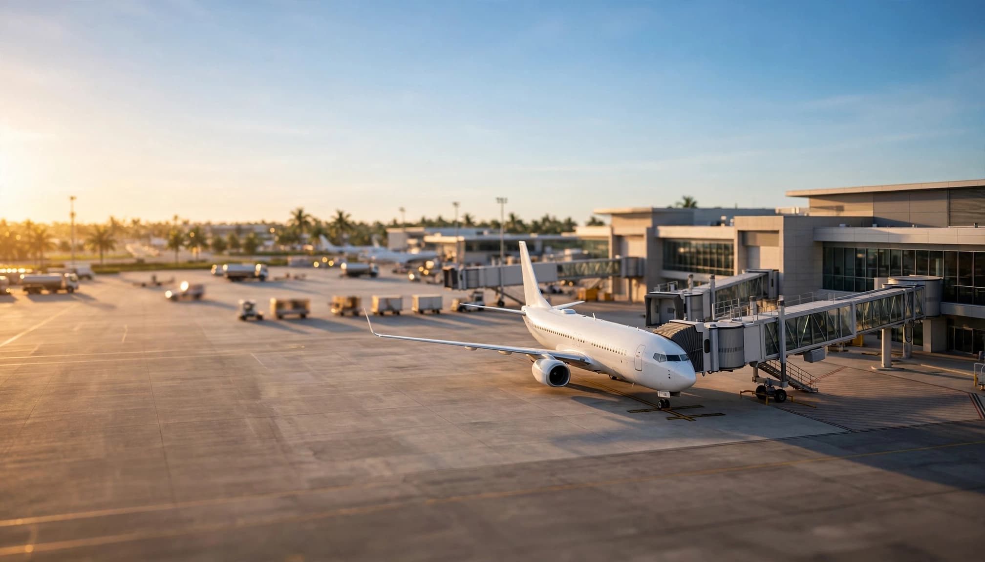 A white passenger aircraft parked at a terminal gate during golden hour.