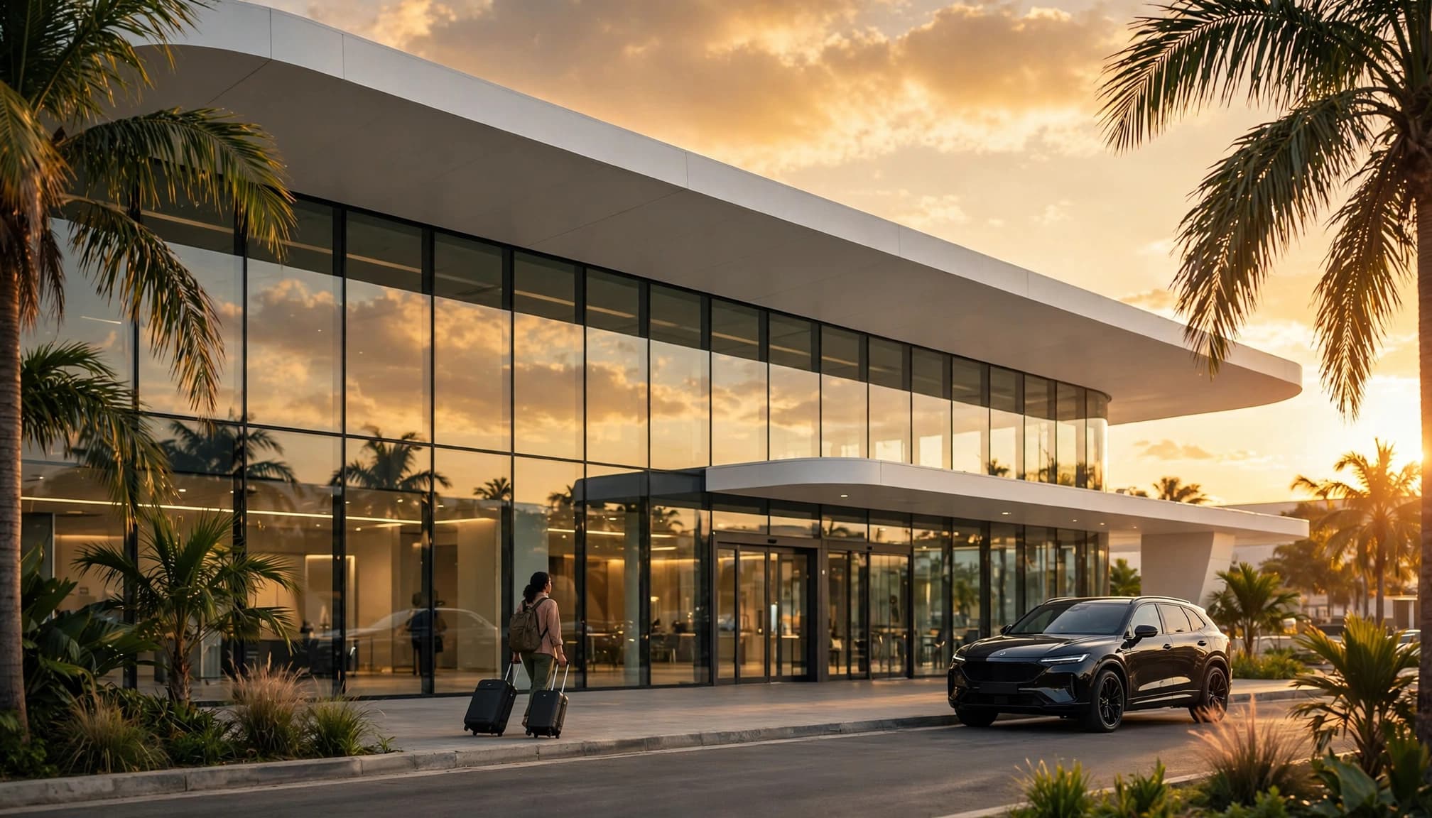 A traveler with two suitcases approaches a glass airport terminal beside a dark SUV at golden hour.