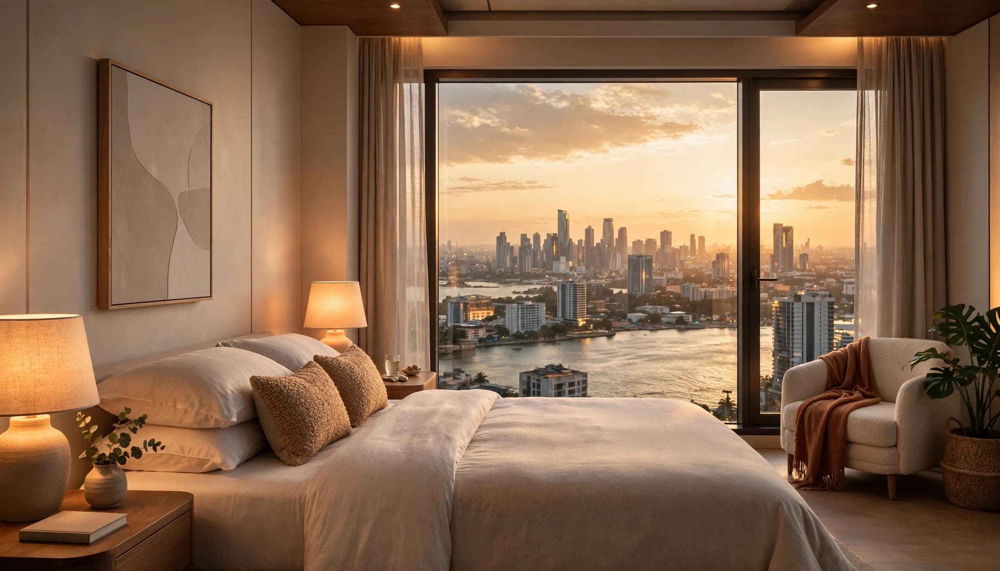 A warm hotel suite with a made king bed, glowing lamps, and a distant Lagos skyline.