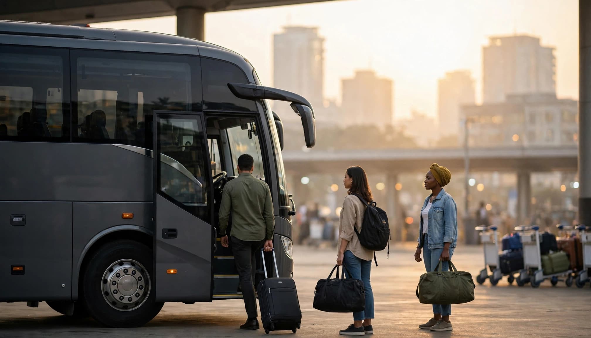 Passengers board a coach bus with luggage at a Lagos terminal in warm morning light.