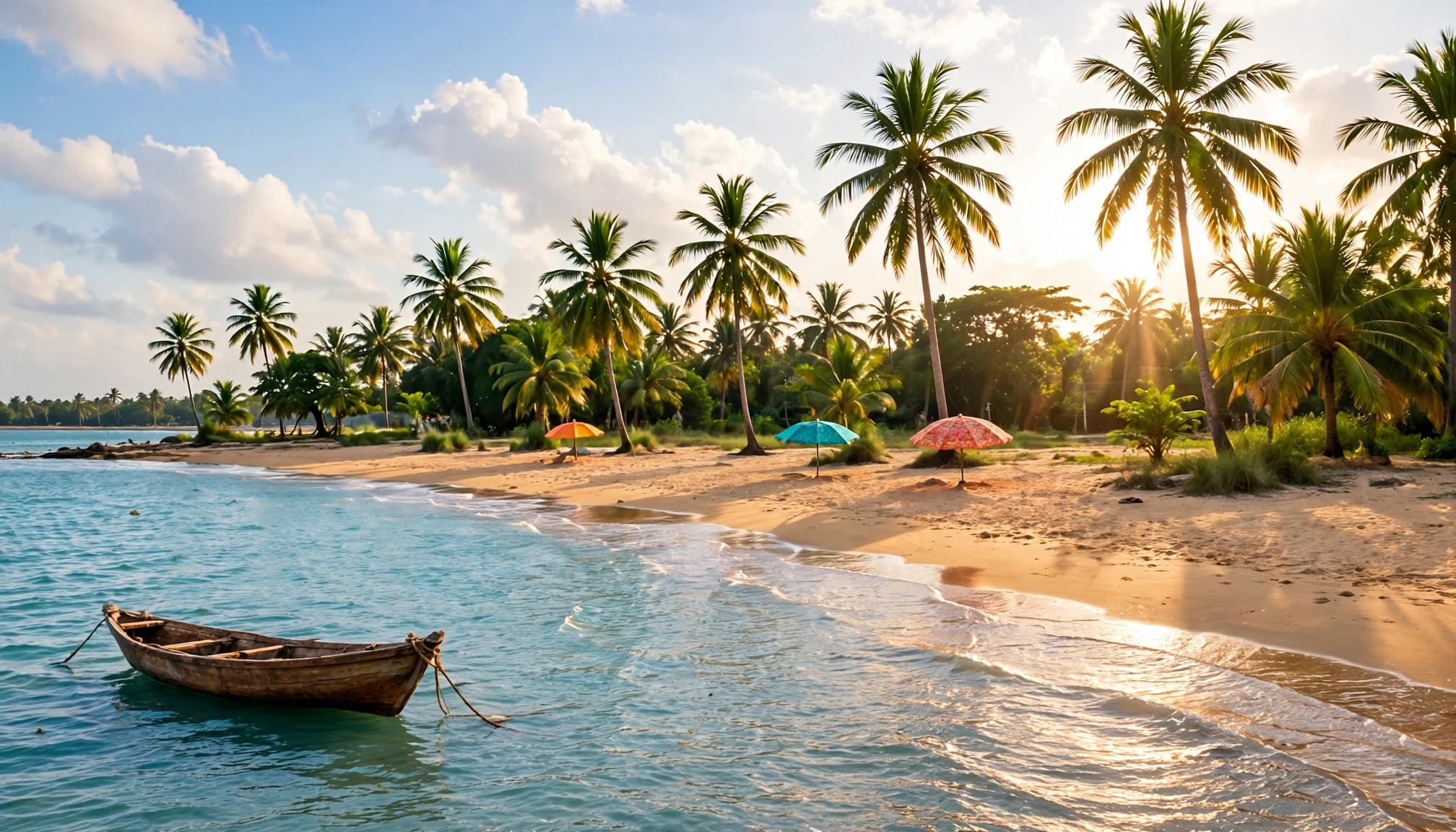 A wooden boat on calm turquoise water beside a palm-lined beach at sunset.