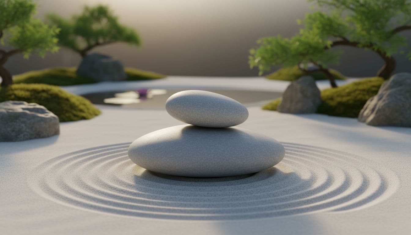 Two smooth, stacked stones rest in a serene garden, symbolizing inner balance and therapeutic peace.