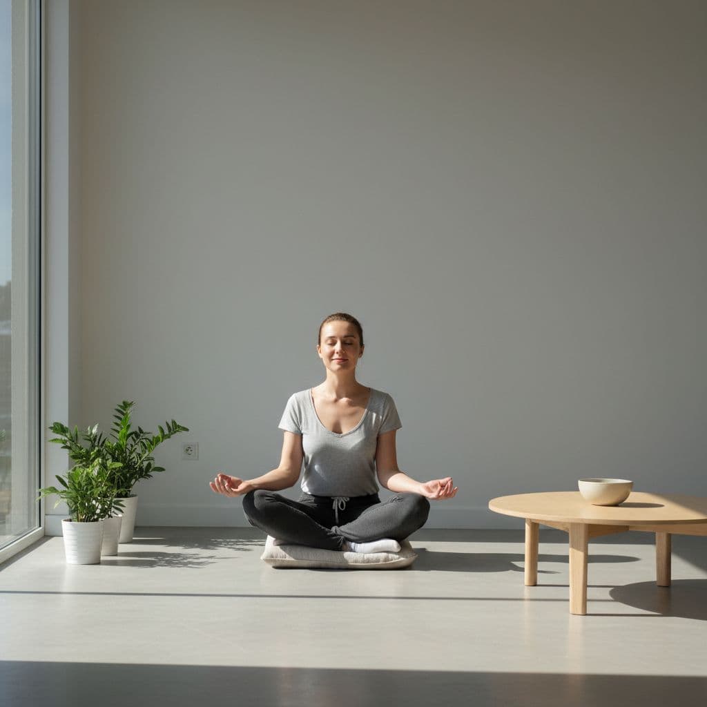 A person sits peacefully on a floor cushion in a bright minimalist room with eyes closed.