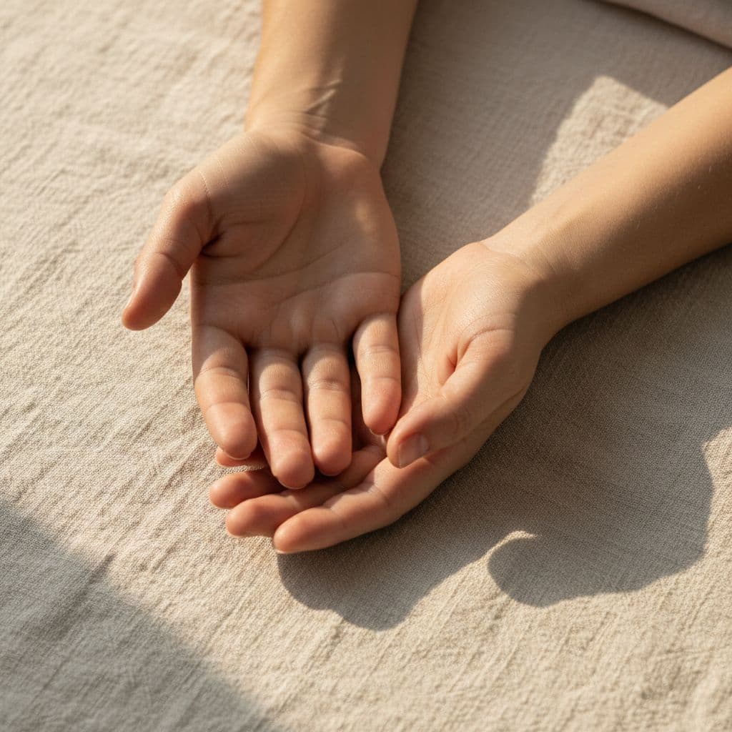 Close-up of two relaxed hands gently resting on soft fabric in soft daylight.