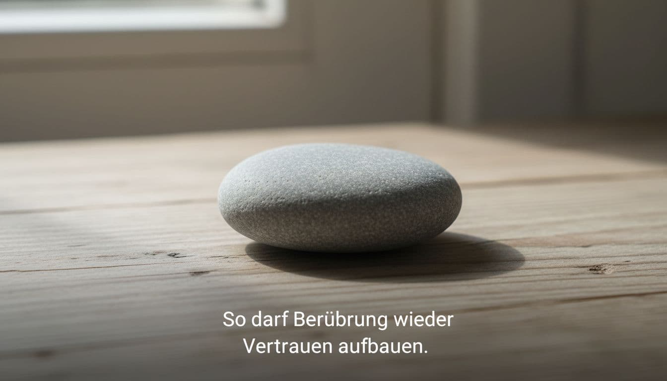 A single smooth pebble rests on a wooden surface under soft diffuse light.