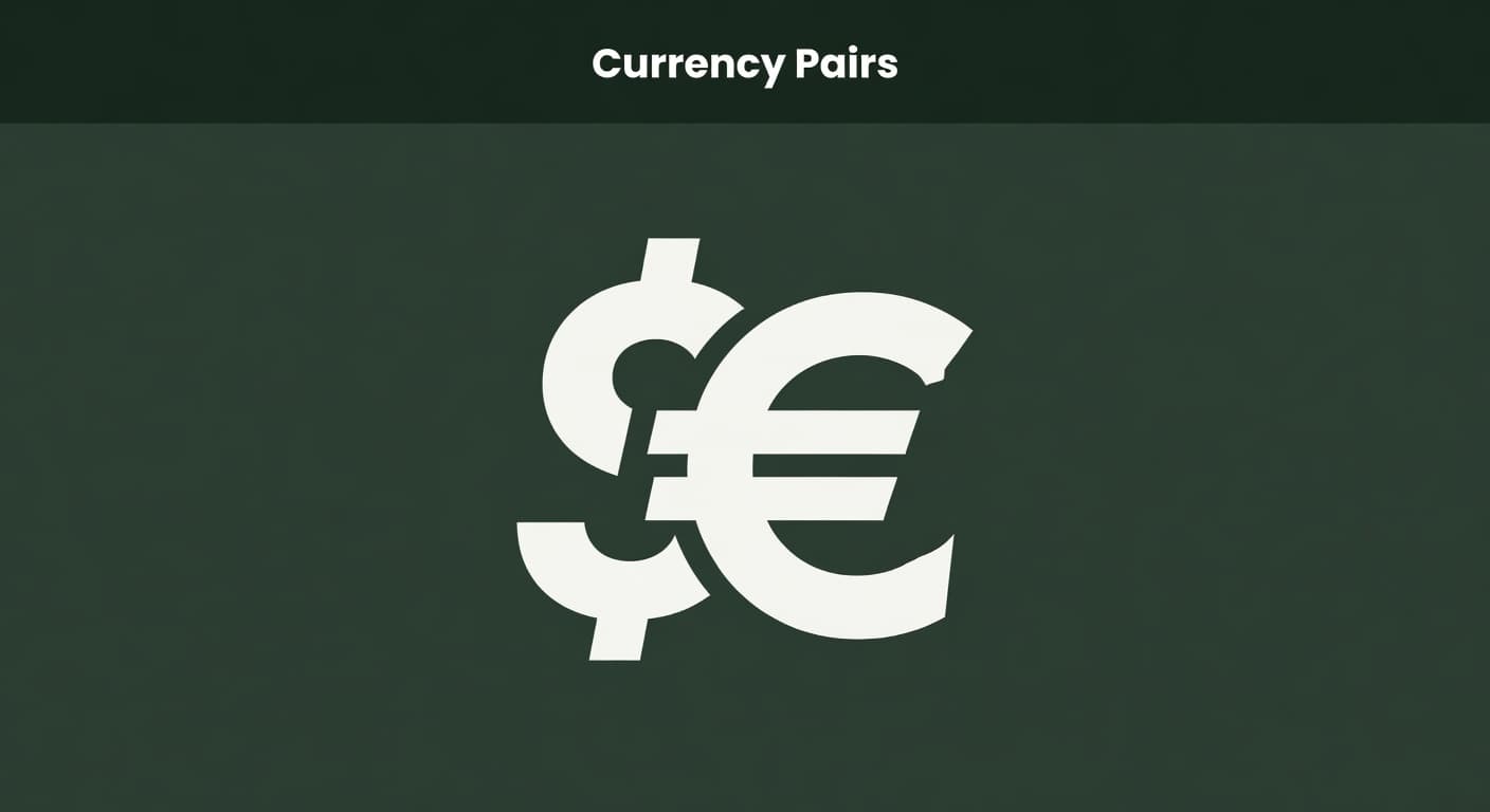 Two bold, overlapping currency symbols appear against a muted dark-green backdrop. A clean horizontal band at the top contains the white text Currency Pairs, emphasizing a structured, modern, geometric design style.