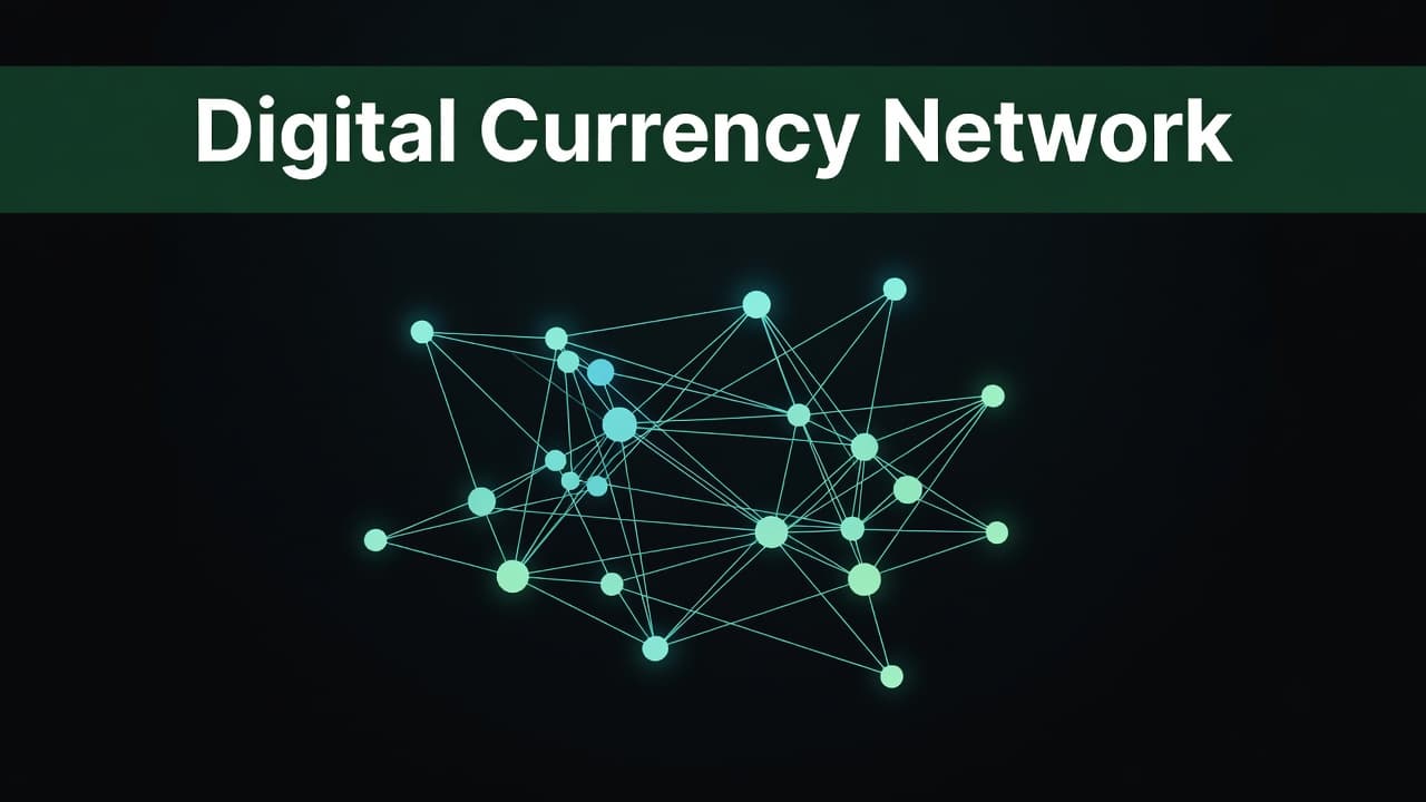 Glowing interconnected nodes float within a dark void to illustrate a decentralized financial system. A bold headline sits inside a dark green horizontal bar at the top of the frame.