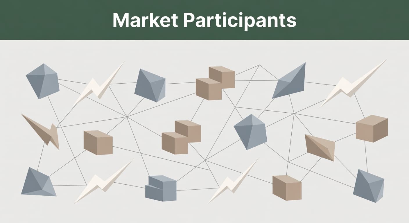 Stylized geometric shapes representing financial entities connect via thin lines across a clean background. A dark green header bar displays the bold white text Market Participants near the top edge.
