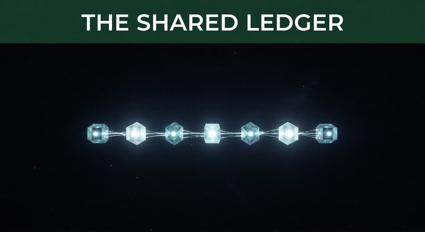Glowing interconnected data blocks float against a dark backdrop in a linear sequence. A bold white headline inscribed within a horizontal green bar anchors the top of this technical illustration.