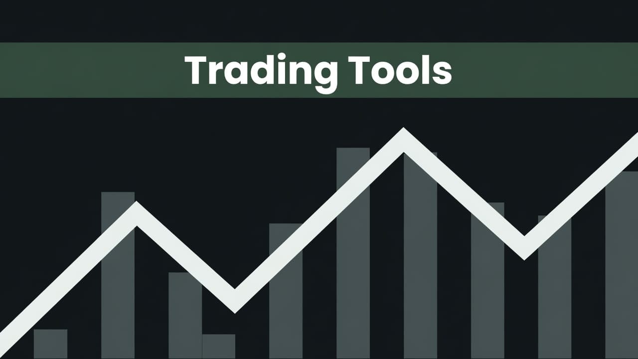 An abstract geometric chart displays rising and falling lines across a neutral background. A dark green horizontal header at the top features bold white text highlighting essential financial trading tools.