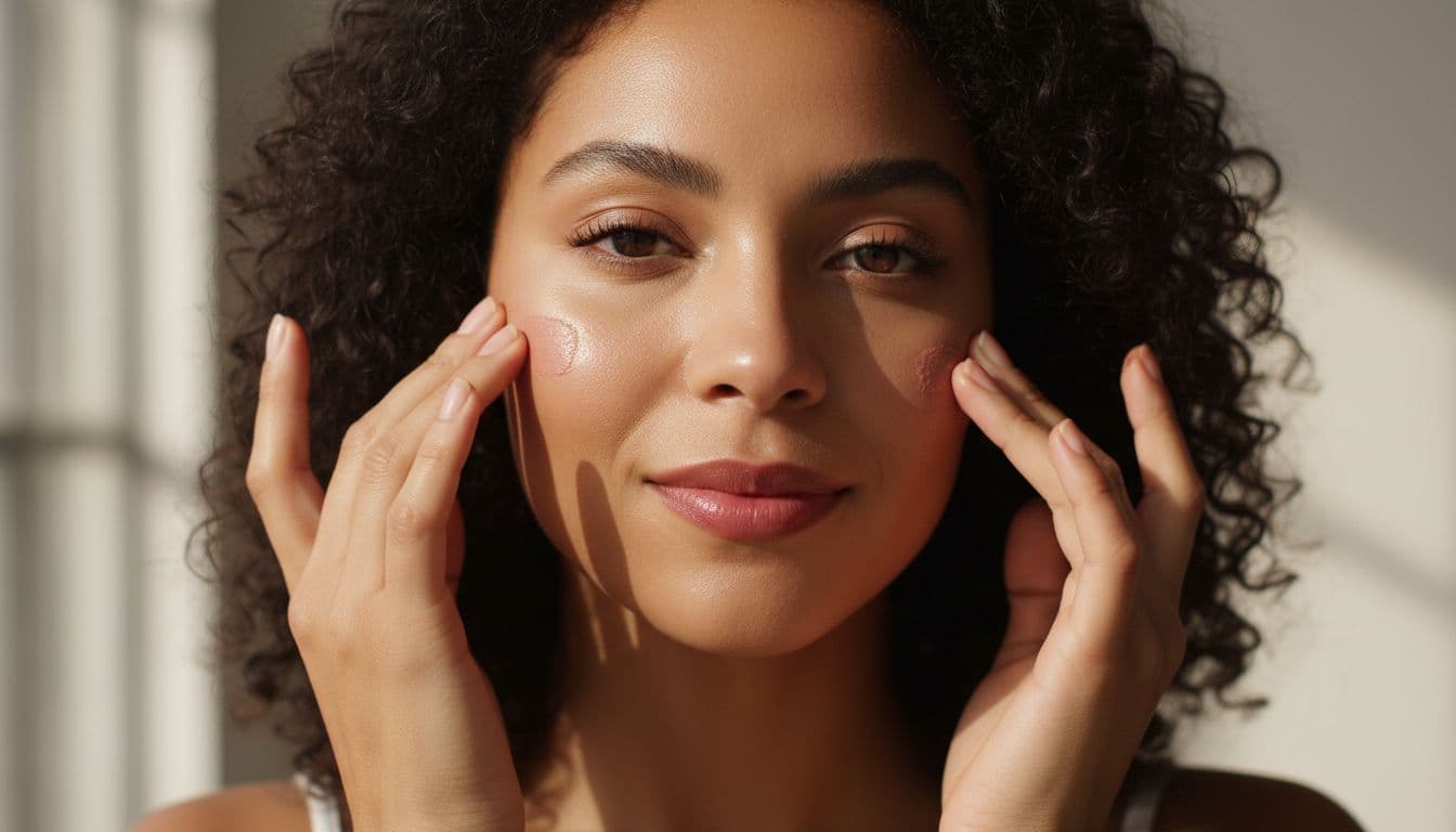 Close-up of a diverse woman applying cream blush to her cheeks with fingers for a fresh natural makeup look in soft daylight studio, realistic photo.