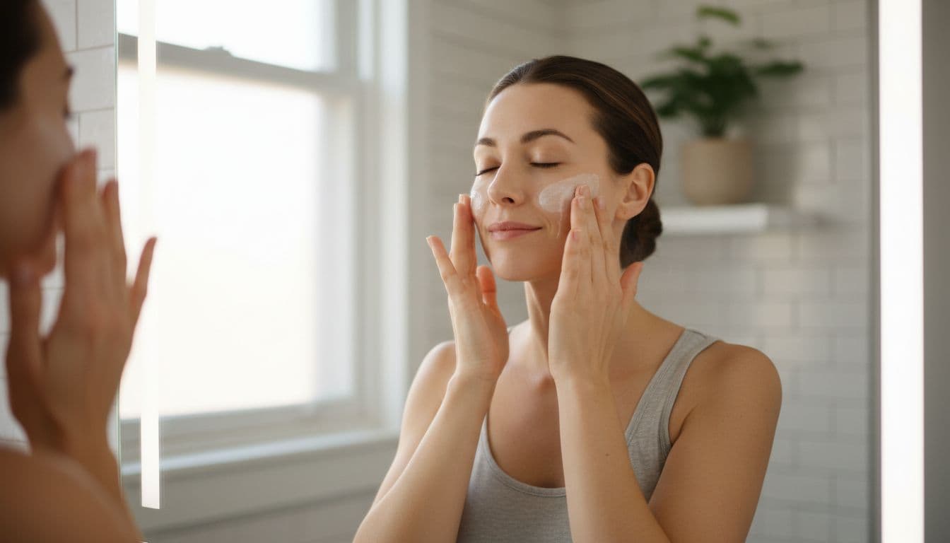A woman in her 30s with clear skin applies moisturizer to her face in a bright bathroom mirror, illuminated by natural morning light for a simple daily routine.